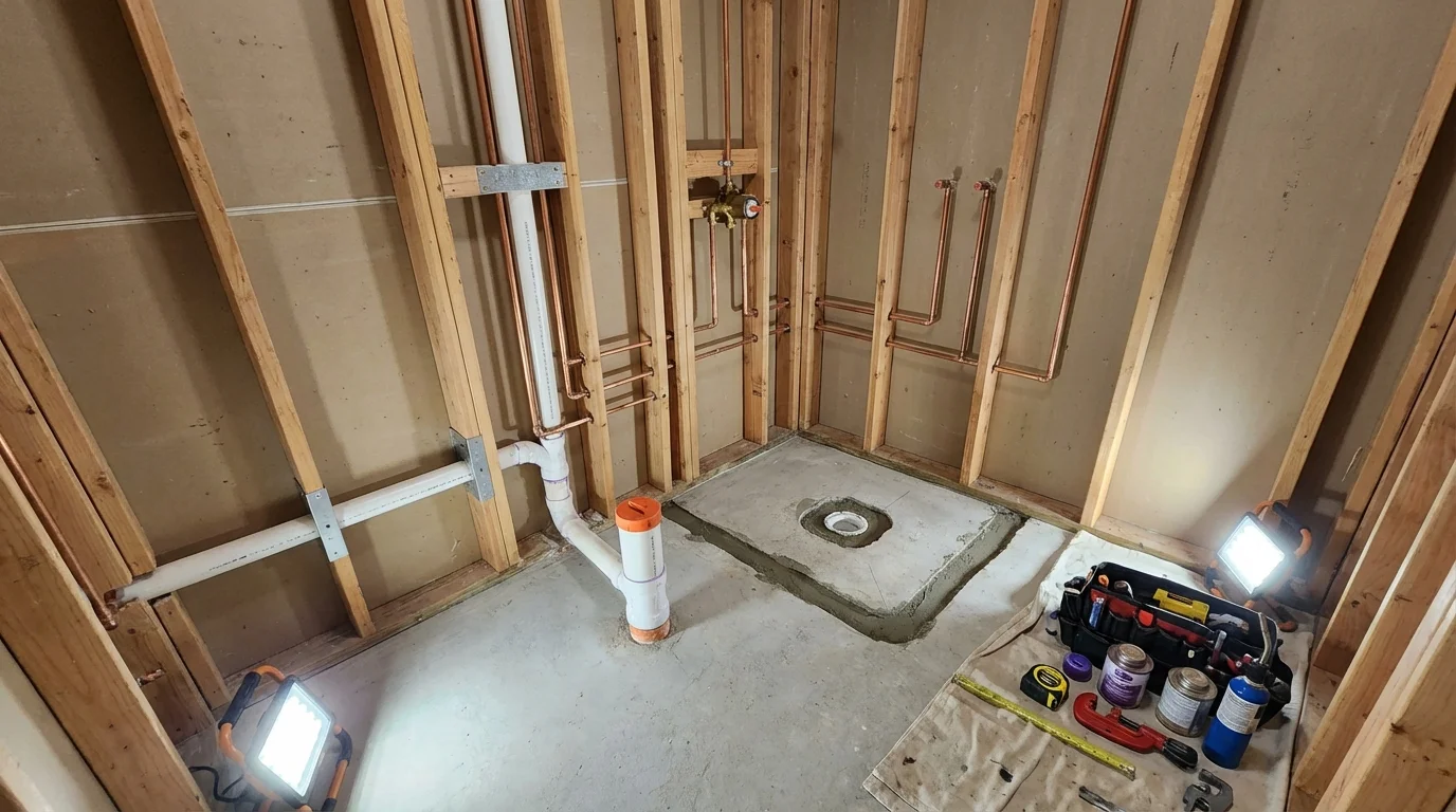 Bathroom rough-in plumbing during remodel by Johns Plumbing LLC in Ozark