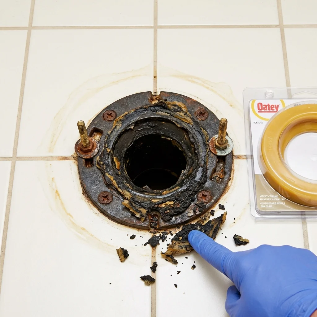 Failed wax ring showing water seepage at the base of a toilet in a Ozark, AR home