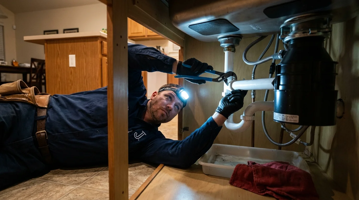 P-trap and supply line connections under a kitchen sink showing a common leak point in Ozark, AR